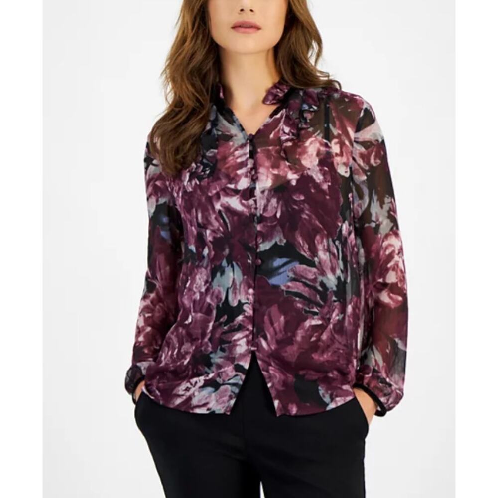 Anne Klein Women's Printed Long Sleeve Button-Front Shirt Black Multi Size M